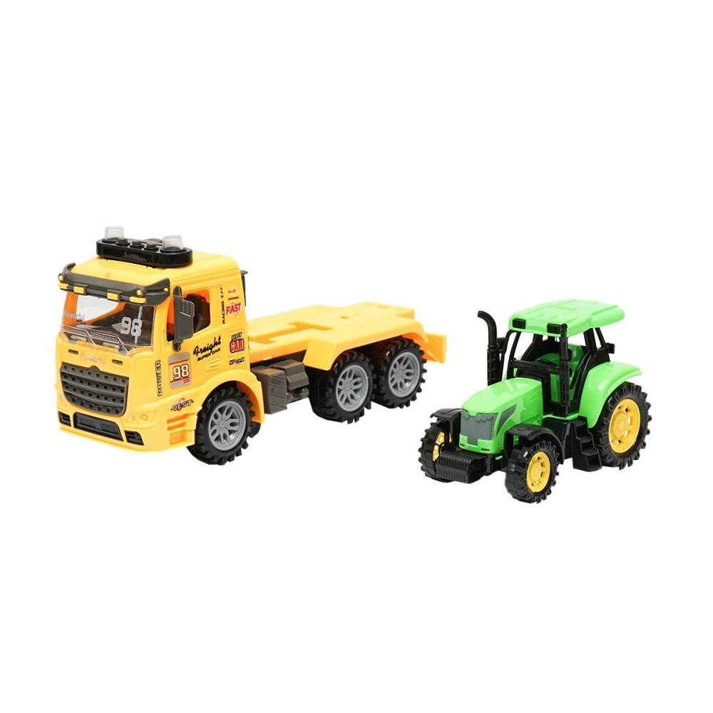 Camion galben tip trailer cu detalii autentice pe baterii impreuna cu tractor verde de jucarie cr23a DISCR23A  
