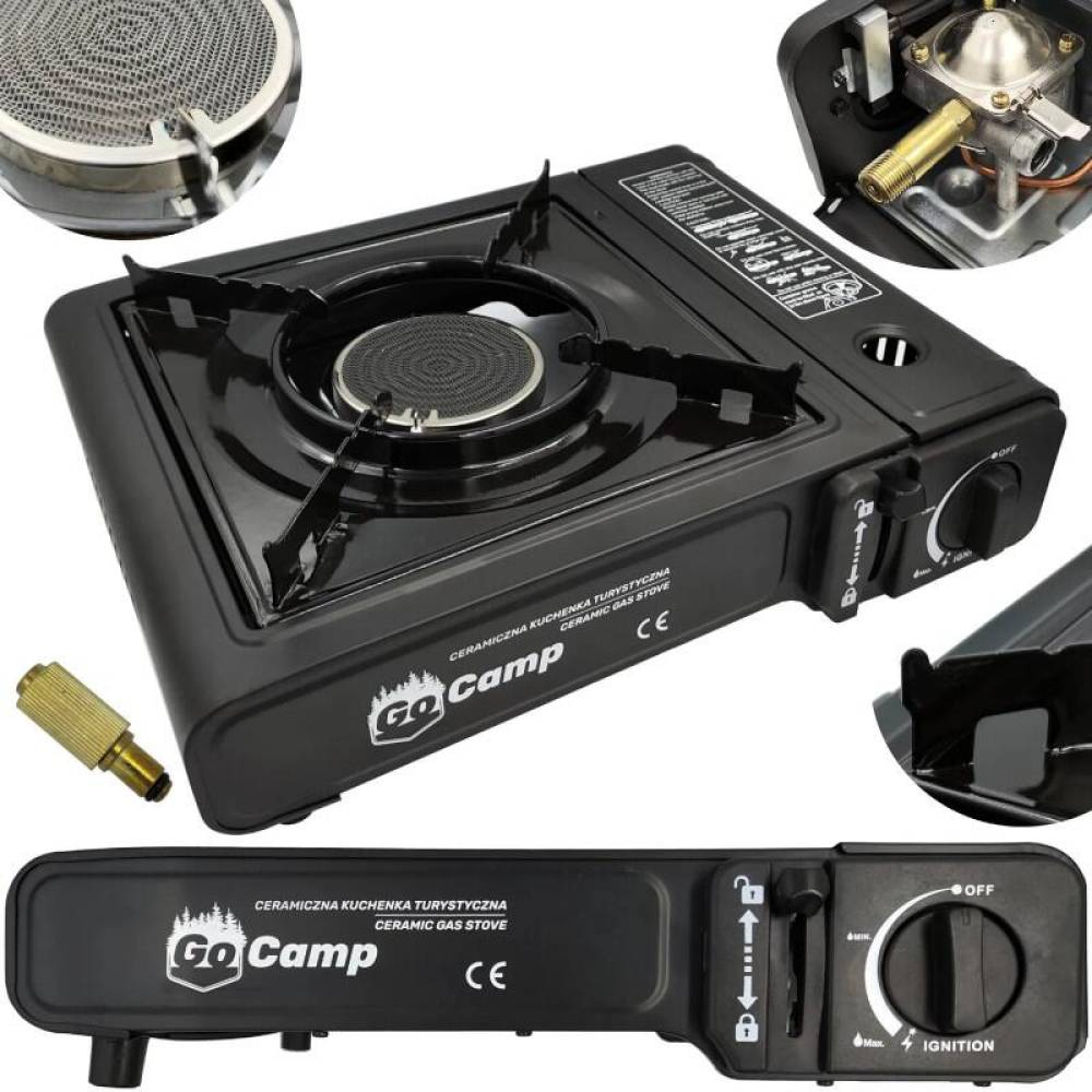 Aragaz portabil camping 1.62kW, cu arzator ceramic, aprindere automata, dubla alimentare butelie sau cartus gaz, 86999 Carmotion