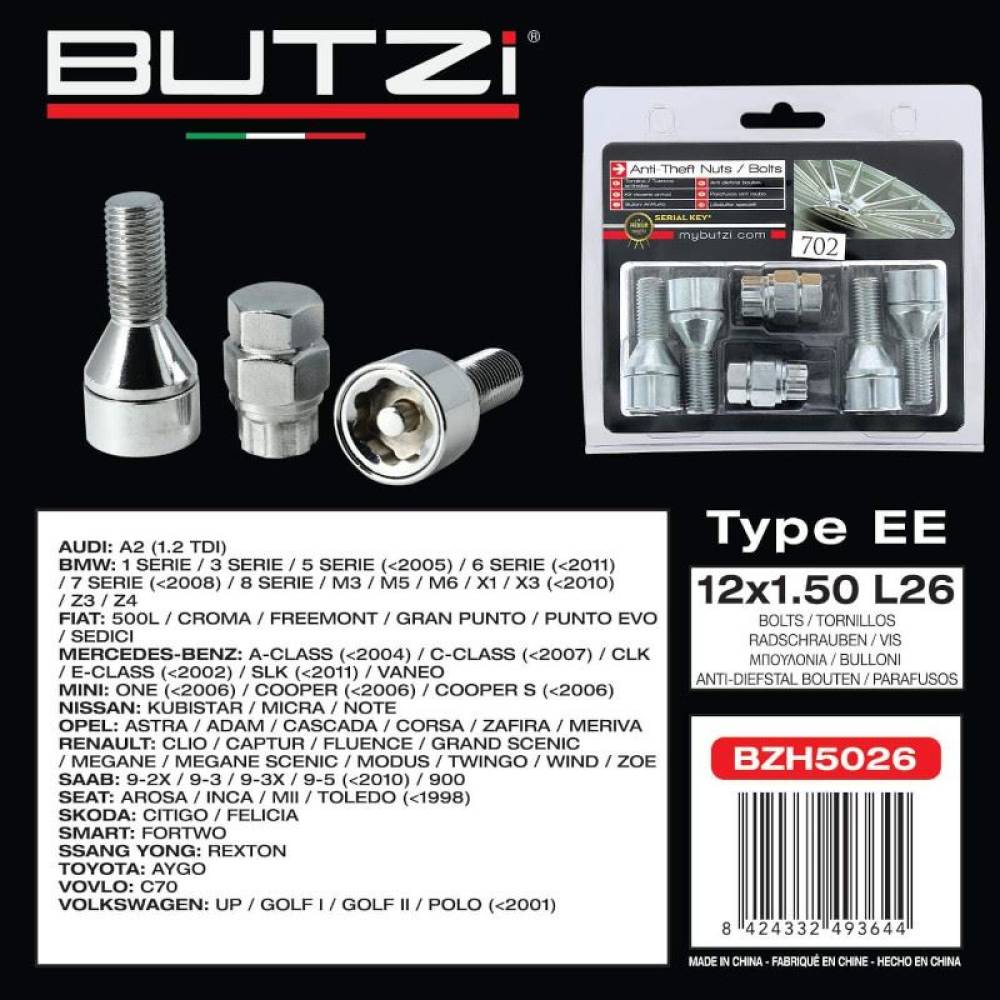 Set 4 prezoane antifurt SecurityWheel Locks 12x1,5 x L26 conic, 2 chei BZH5026 Butzi