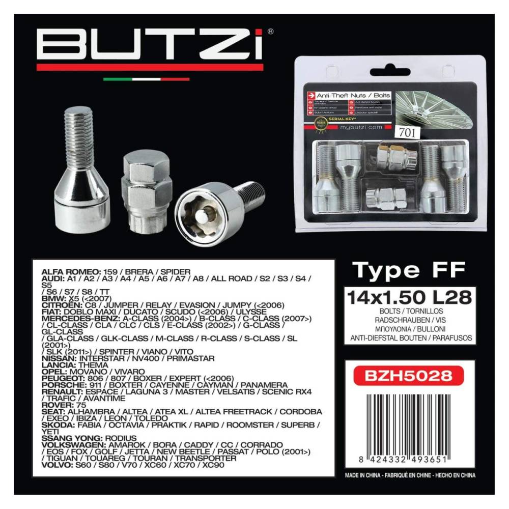 Set 4 prezoane antifurt SecurityWheel Locks 14x1,5 x L28 conic, 2 chei BZH5028 Butzi