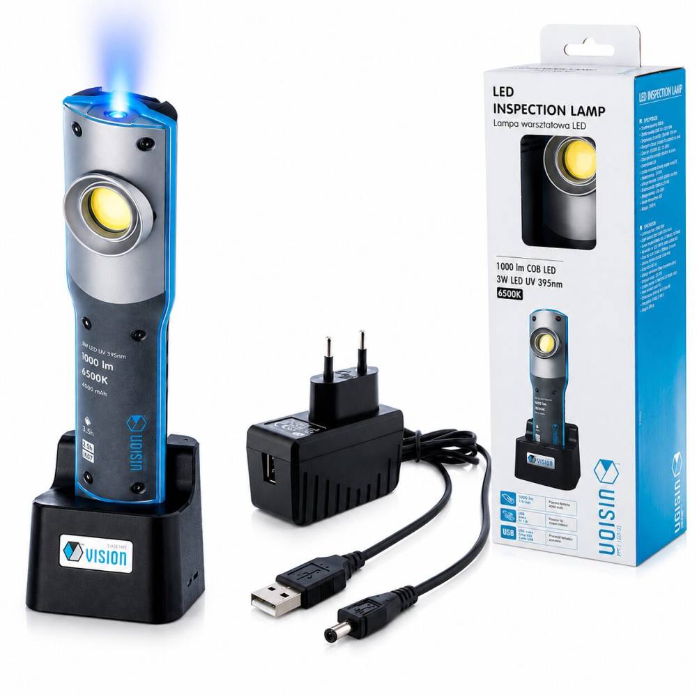 Lanterna lucru LED si UV, reincarcabila USB sau 220V, 5000mAh, 250/ 500/ 1000 lum + 220 lumeni, Vision 63302 Carmotion