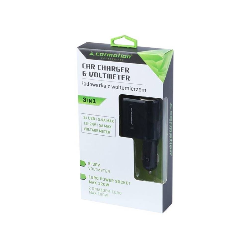 Incarcator auto 3 USB-uri si 1 priza, 12V/24V, cu voltmetru 58710 Carmotion