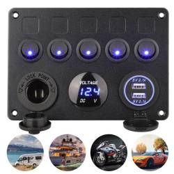 Panou 5 intrerupatoare cu priza 12v, 2x Usb si voltmetru, 12-24v,15x11cm SPA37