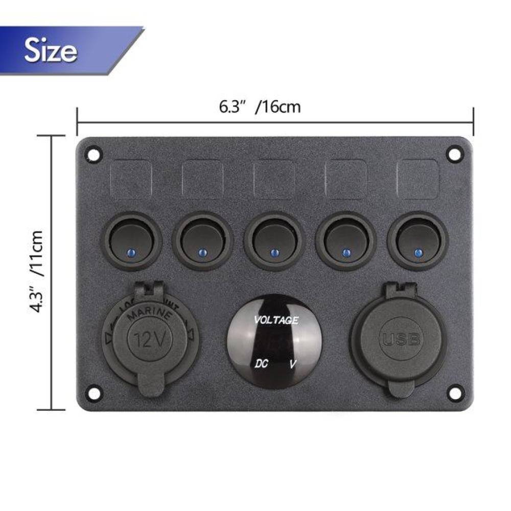 Panou 5 intrerupatoare cu priza 12v, 2x Usb si voltmetru, 12-24v,15x11cm SPA37