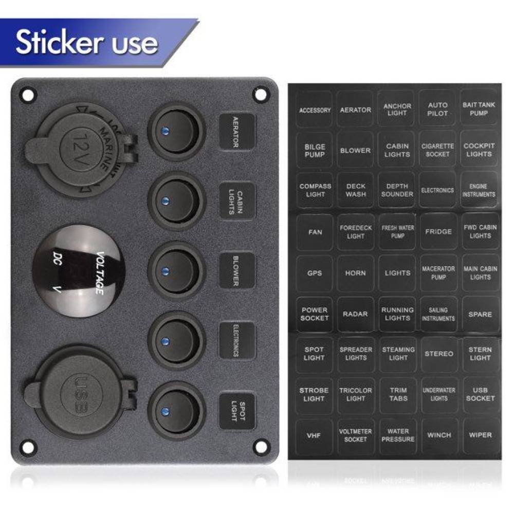 Panou 5 intrerupatoare cu priza 12v, 2x Usb si voltmetru, 12-24v,15x11cm SPA37