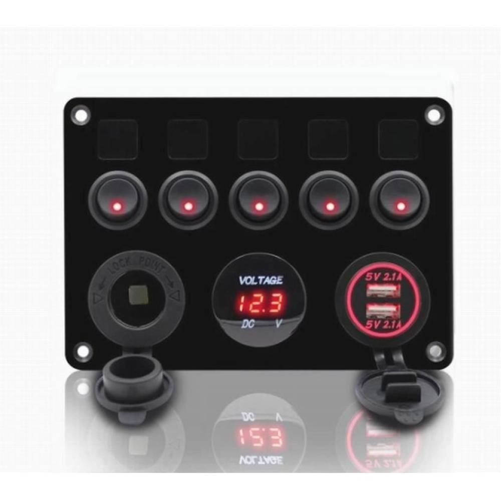 Panou 5 intrerupatoare cu priza 12v, 2x Usb si voltmetru, 12-24v,15x11cm SPA37