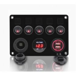 Panou 5 intrerupatoare cu priza 12v, 2x Usb si voltmetru, 12-24v,15x11cm SPA37