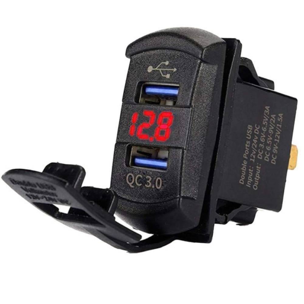 Priza cu 2 USB si voltmetru, 12-24V, cu incarcare rapida Qc3.0, Led rosu DS2057