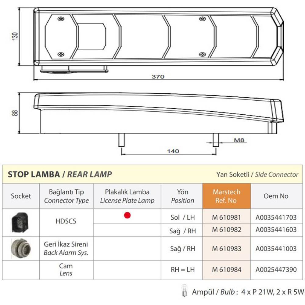 Lampa stop 370x130 model Mercedes Actros MP4, din 2013, dreapta, Mars 610982