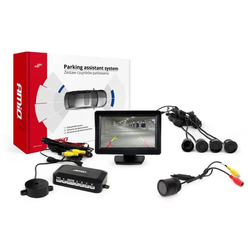 Camera marsarier cu senzori si monitor, kit asistenta parcare cu camera HD301, 4 senzori si ecran TFT01, alarma 01593 Amio  