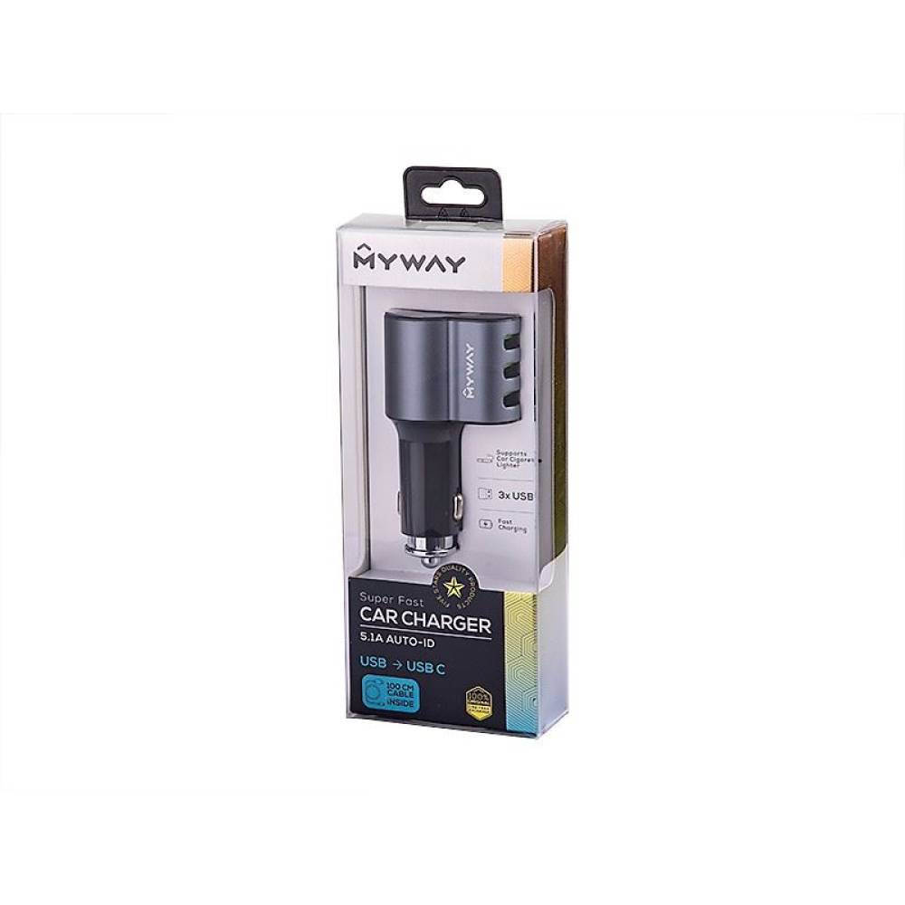 Incarcator auto 3 USB-uri si 1 priza 12V-24V, AutoID, cablu 1m USB, USB C, MyWay 63003 Carmotion