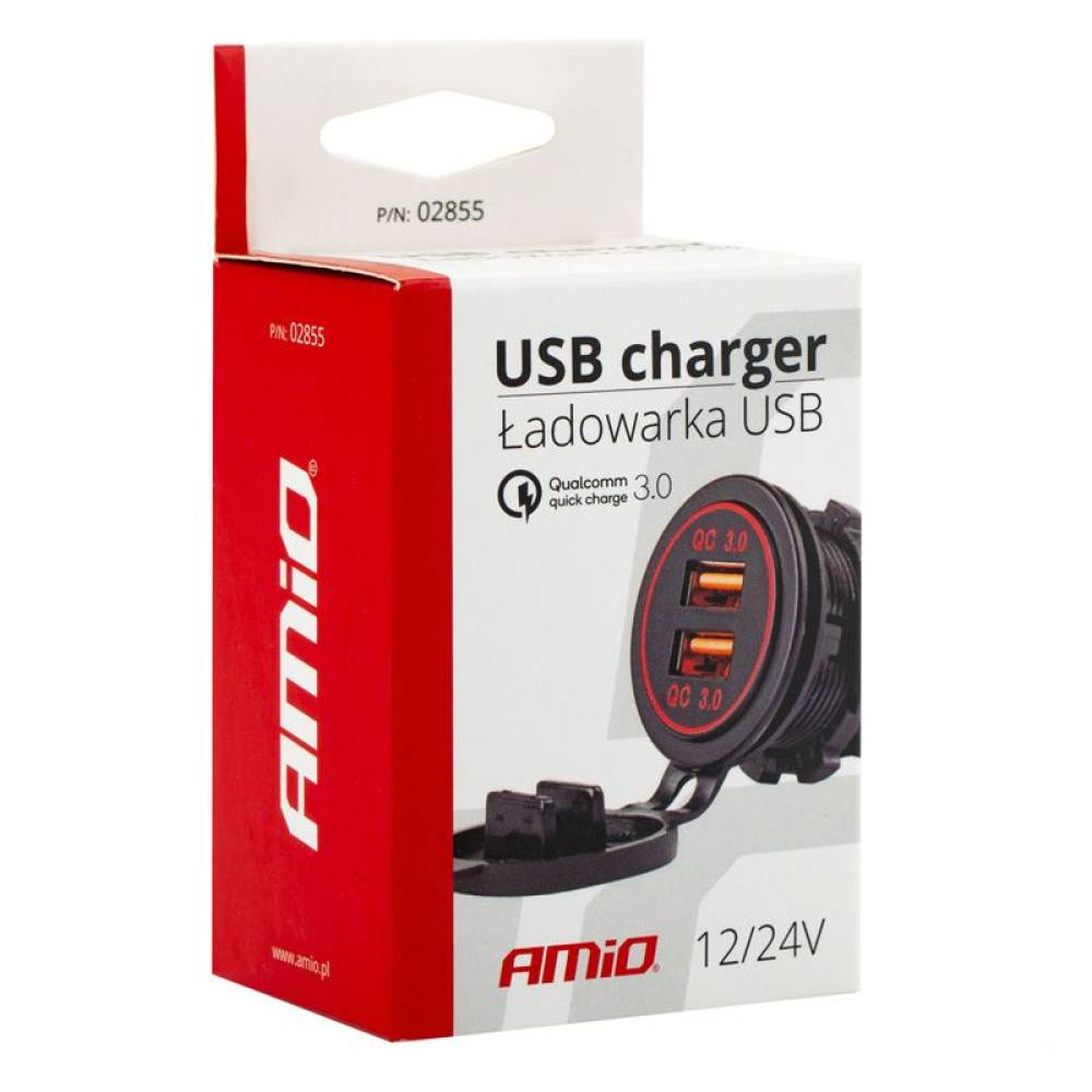 Priza cu 2 USB incarcare rapida, 12-24V, 1.5A, QC3.0 cu LED, incastrabila, Mod05 02855 Amio