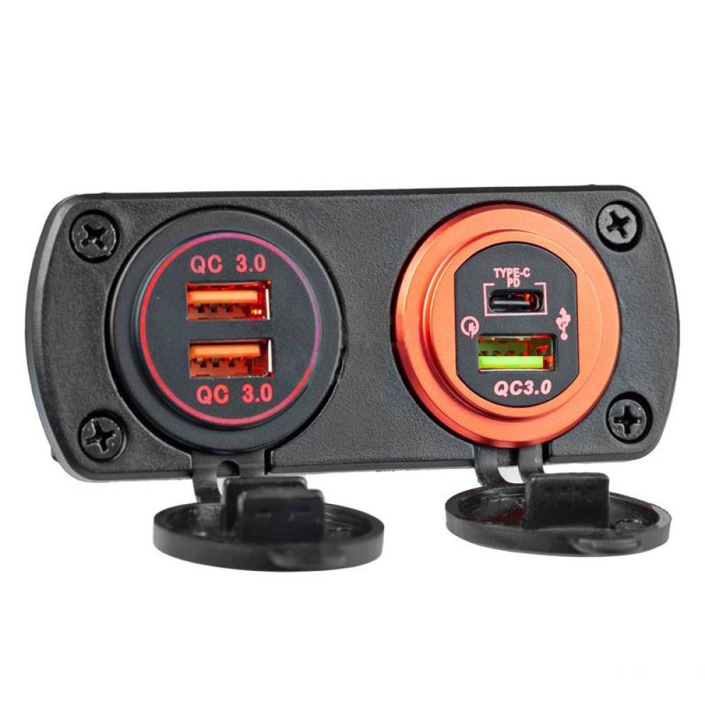 Priza cu 2 USB, tip C si USB Qc3.0, cu LED, 12-24v, cu voltmetru, incastrabila, Mod7 02857 Amio