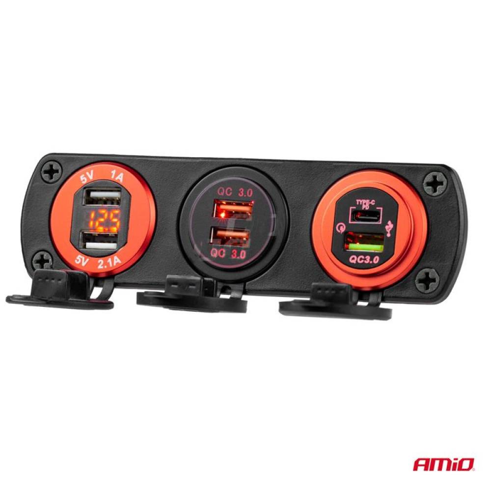 Priza cu 2 USB, cu voltmetru, 12-24V,  2.1+1.0A, incastrabila, rosie, Mod6 02861 Amio