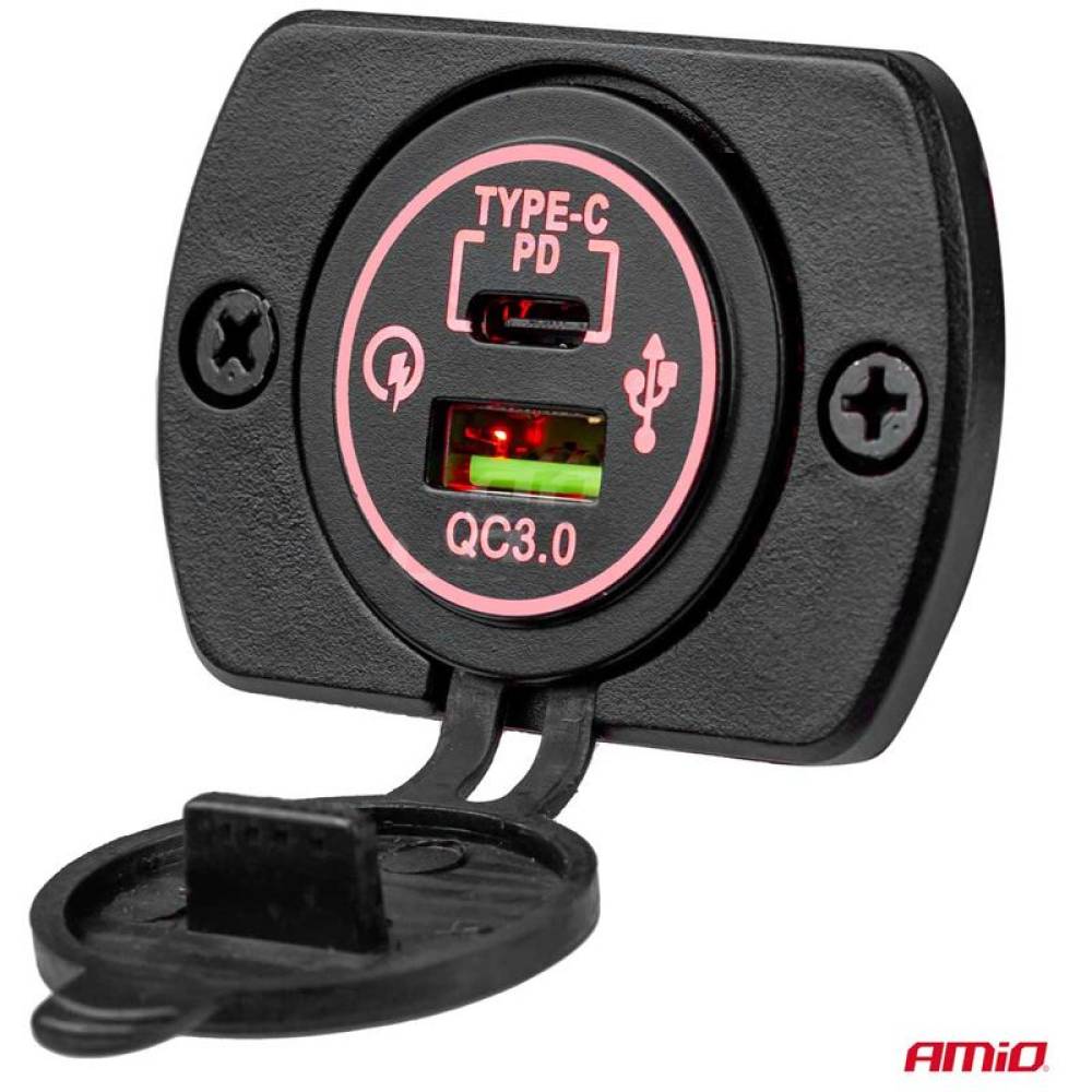 Priza cu 2 USB, cu voltmetru, 12-24V,  2.1+1.0A, incastrabila, rosie, Mod6 02861 Amio
