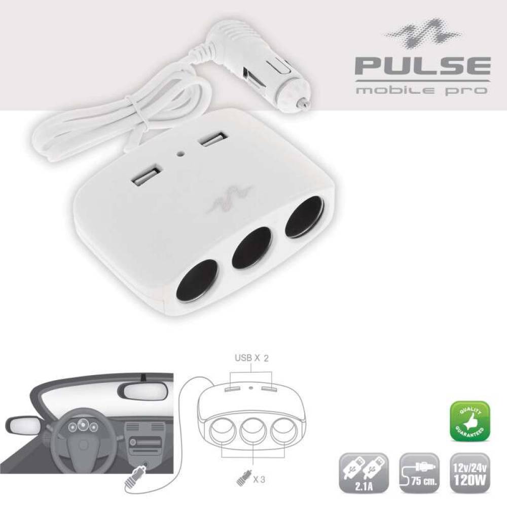Multiplicator 3 prize 12-24V cu fir, 2 USB-uri, 2.1A, 120W, alb, Pulse MLS511W