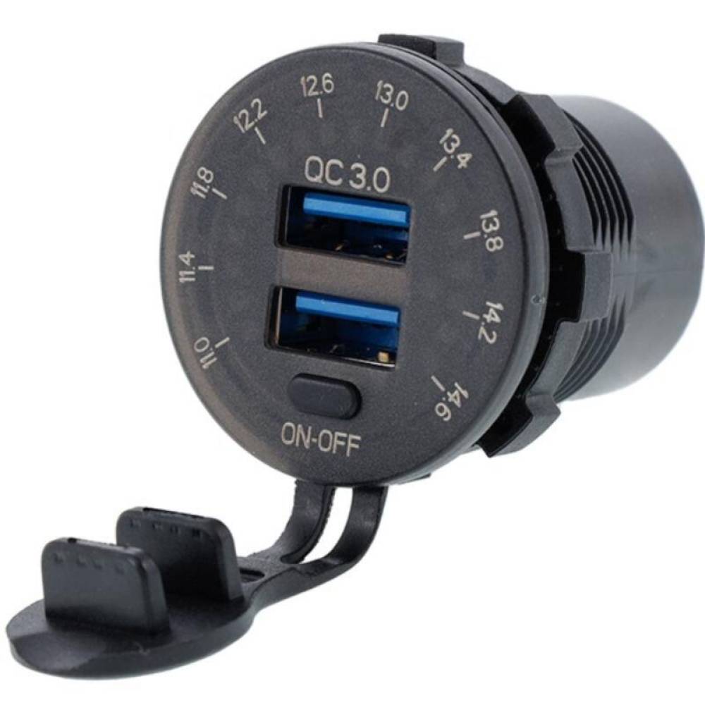 Priza cu 2 USB, 12-24V, LED, 2xUSB QC3.0, cu voltmetru si buton on-off, incastrabila, 63206 Carmotion