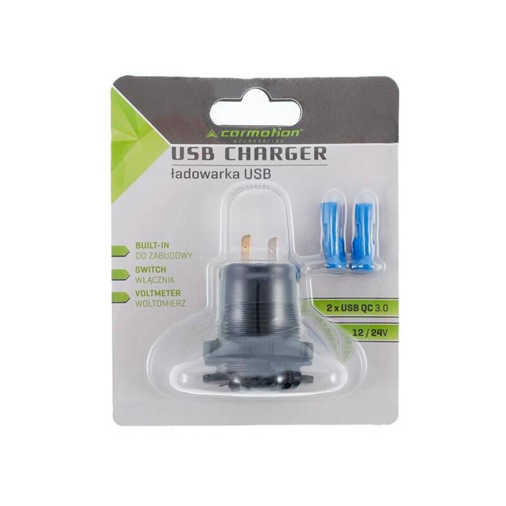 Priza cu 2 USB, 12-24V, LED, 2xUSB QC3.0, cu voltmetru si buton on-off, incastrabila, 63206 Carmotion