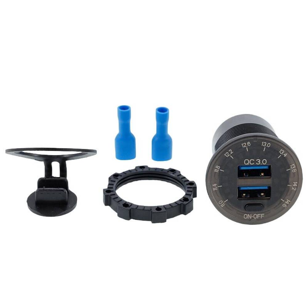 Priza cu 2 USB, 12-24V, LED, 2xUSB QC3.0, cu voltmetru si buton on-off, incastrabila, 63206 Carmotion