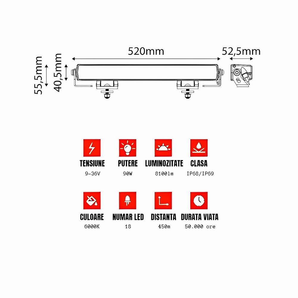 Proiector LED BAR, 520x40, 18 LED-uri LG, 90W, 8100lm, Offroad Slim Black, TT.115S3 