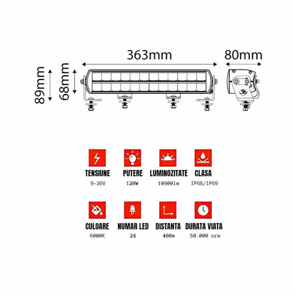 Proiector LED BAR, 363x68, 24 LED-uri LG, 120W, 10900lm, Offroad Black, TT.11405