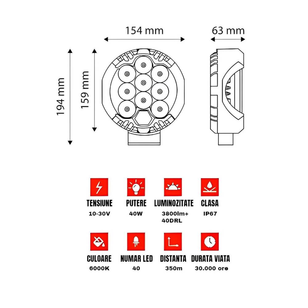 Proiector fi154, faza lunga si pozitie, cu LED, 40W, 3800lm, TT.13240DRL
