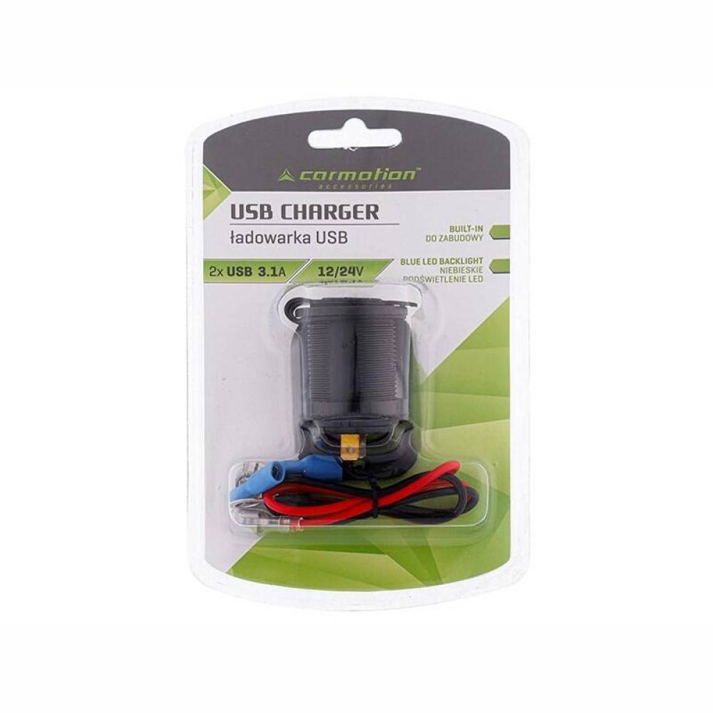 Priza cu 2 USB, incastrabila, cu LED albastru, 12-24V, 3.1A, cu panou montare, 63210 Carmotion