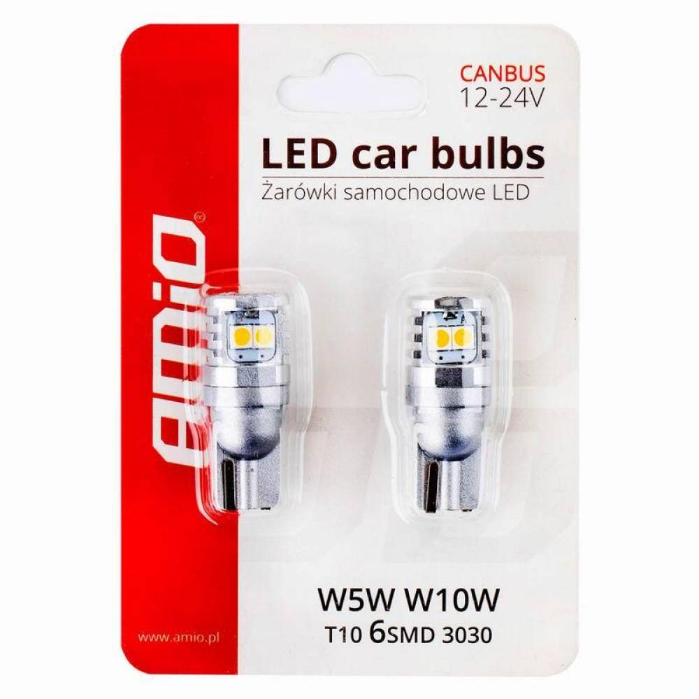Set 2 becuri T10, 6 LED-uri, SMD 3030, 12-24V, W5W-W10W, 6000K, Canbus, 02801 Amio