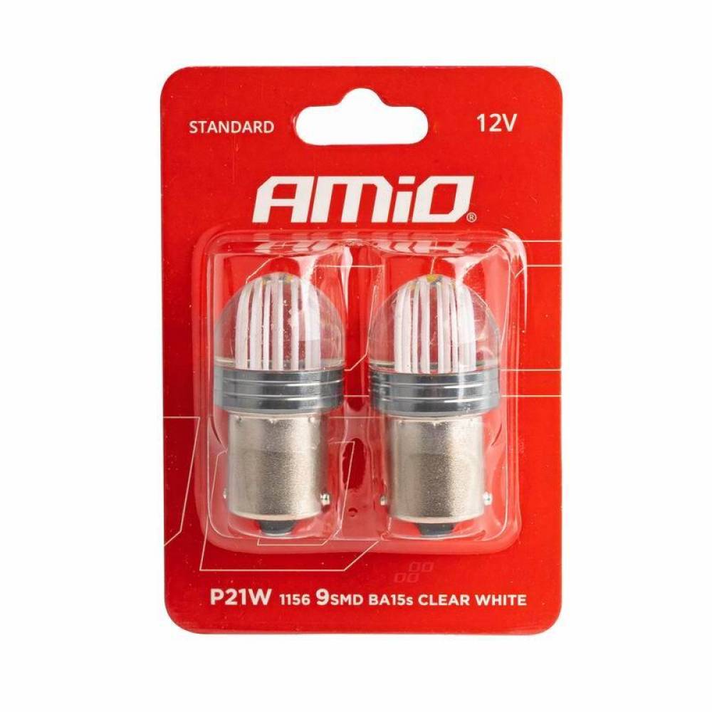 Set 2 becuri semnalizare, 9 LED-uri, 12V, P21W BA15s, alb transparent, 02953 Amio
