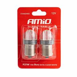 Set 2 becuri semnalizare, 9 LED-uri, 12V, P21W BA15s, alb transparent, 02953 Amio