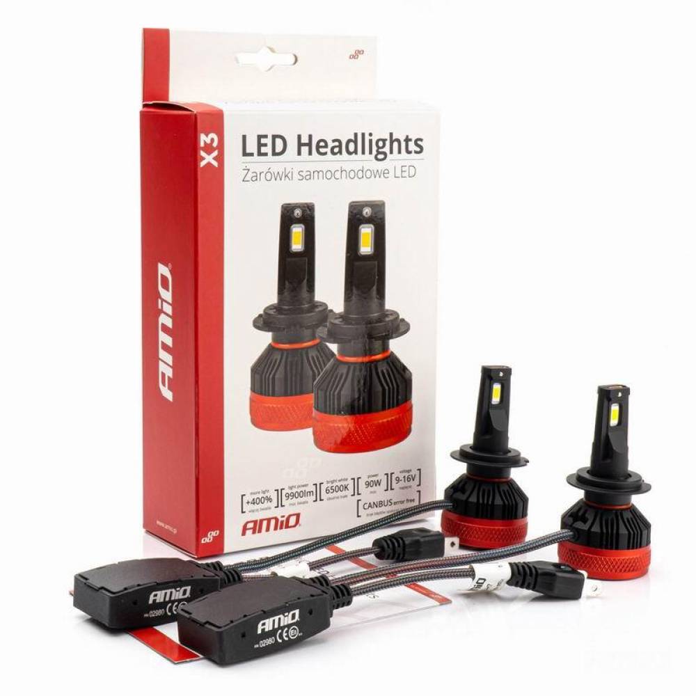 Set 2 becuri H7, LED, 9-16V, 90W, 9900lm, 6500K, Canbus, X3 Series, 02980 Amio