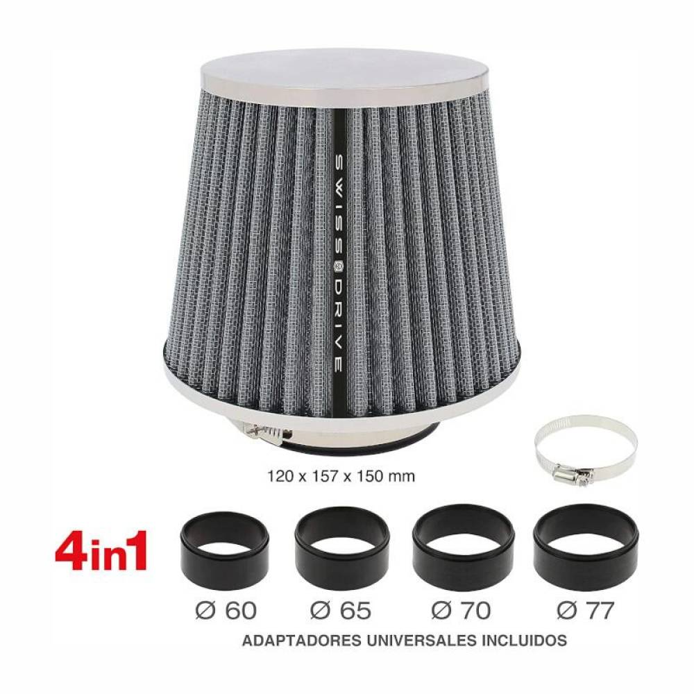 Filtru aer sport argintiu-crom, cu capac si 4 adaptori AFCRGRY SwissDrive 