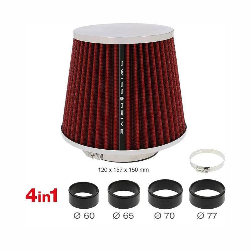 Filtru aer sport rosu-crom, cu capac si 4 adaptori, AFCRRED SwissDrive Filtru aer sport rosu-crom, cu capac si 4 adaptori, AFCRRED SwissDrive