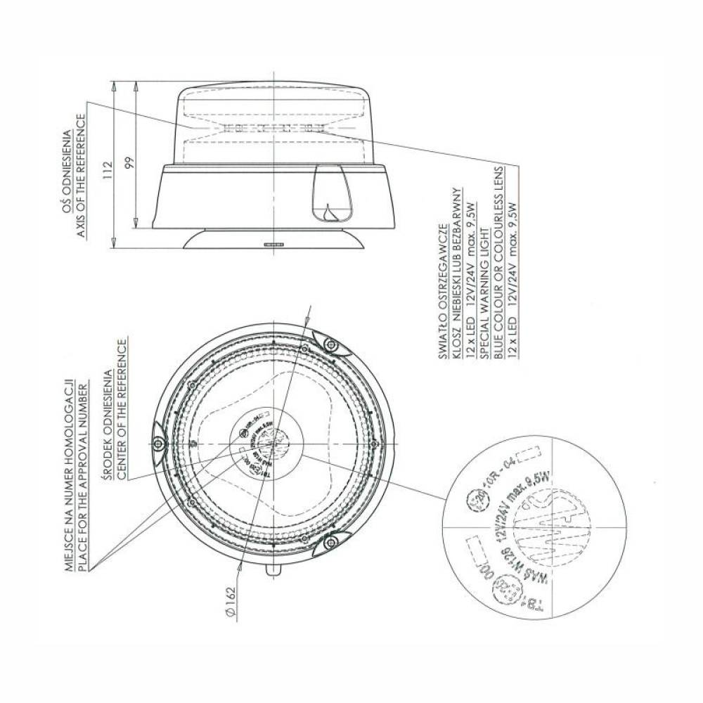 Girofar 12-24V, h173, LED, prindere cu tija fixa, cablu 3m, galben, W126 868.6D Was