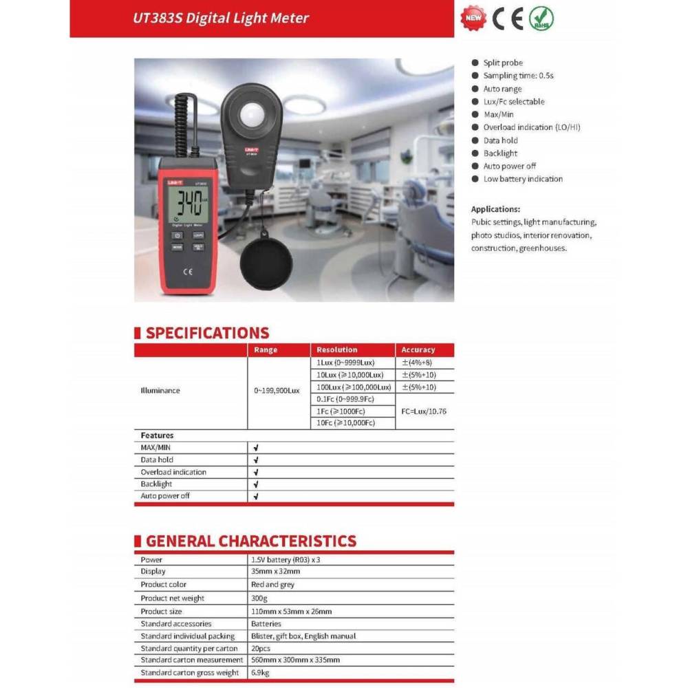 Luxmetru digital, masoara intensitatea luminii, UNI-T UT383 S Luxmetru digital, masoara intensitatea luminii, UNI-T UT383 S