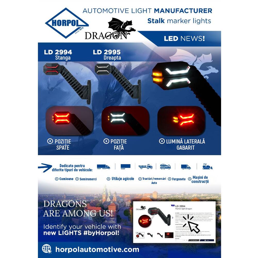 Lampa gabarit cu brat oblic 45°, 200mm, LED, 3 functii, dreapta, Dragon Light, HOR134 LD2995 Horpol