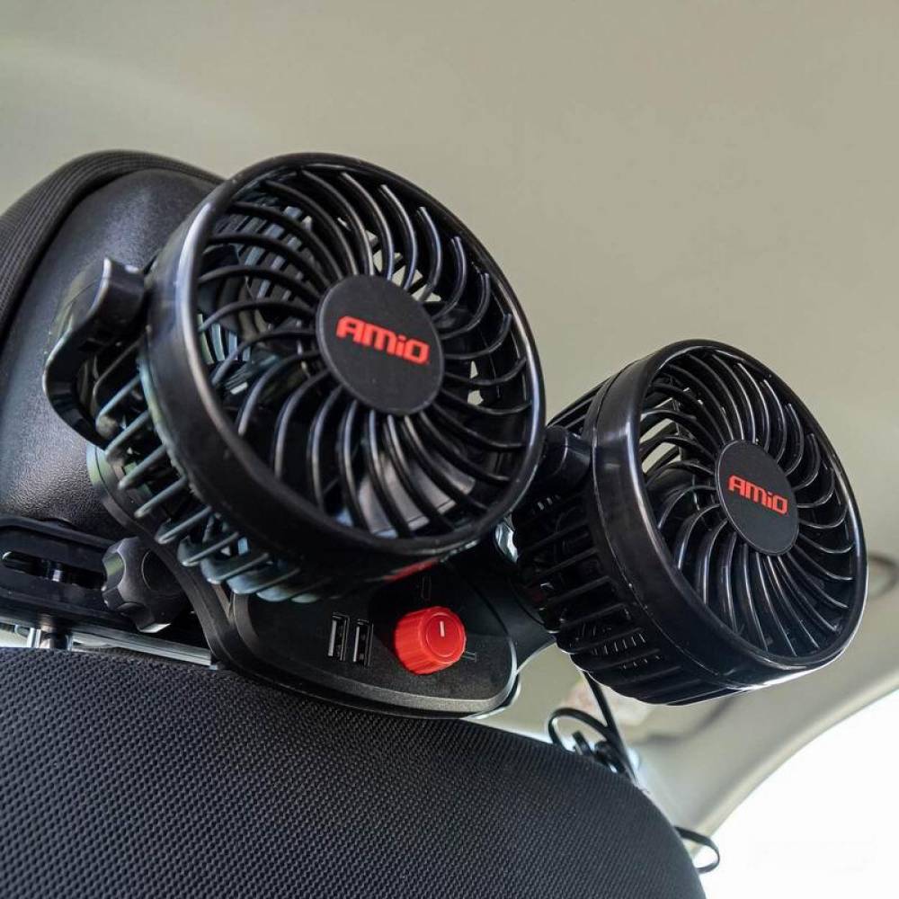 Ventilator dublu 12V, 2xfi10cm, 6.5W, prindere pe tetiera, cu 2 USB-uri, 2 viteze, PRO Series, 03009 Amio