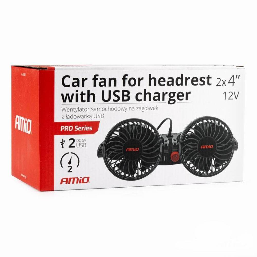 Ventilator dublu 12V, 2xfi10cm, 6.5W, prindere pe tetiera, cu 2 USB-uri, 2 viteze, PRO Series, 03009 Amio