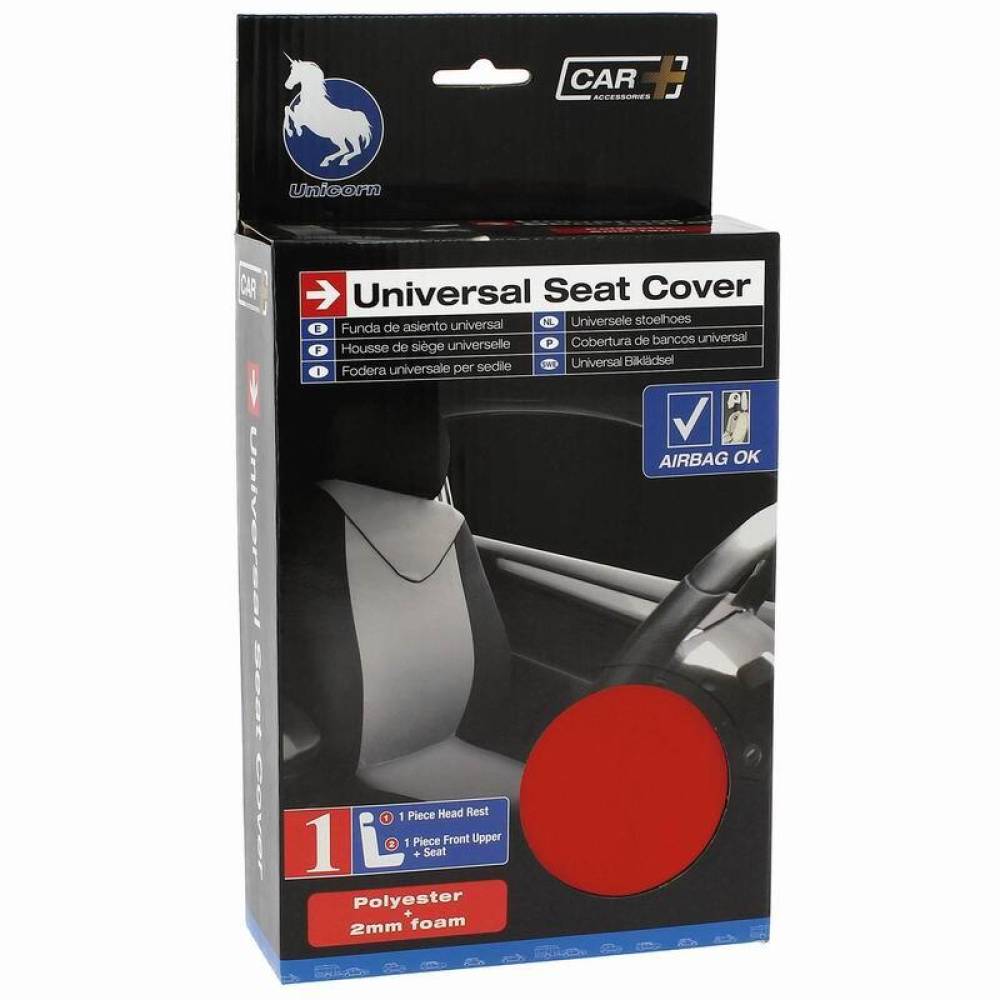 Set huse auto pentru 1 scaun cu tetiera, rosu cu negru, airbag, Unicorn FUND95R Car+