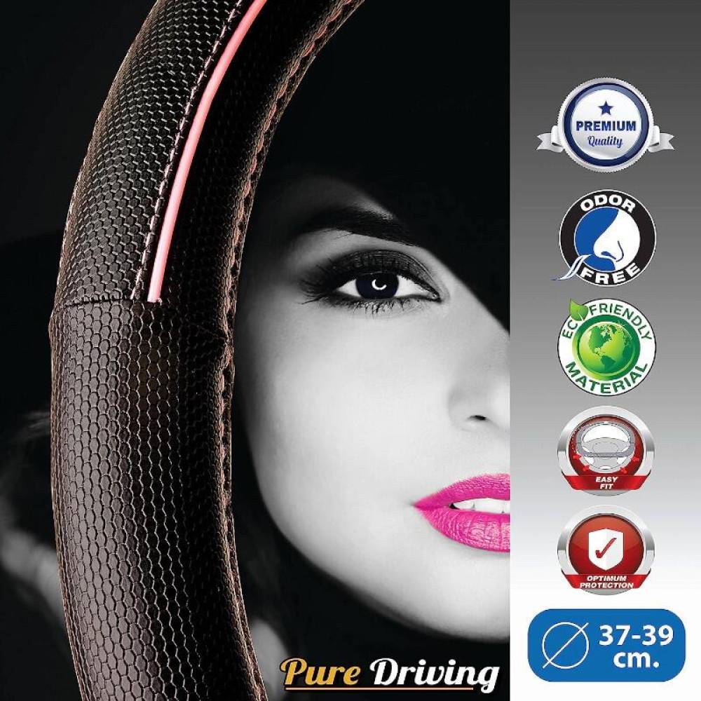 Husa volan 37-39cm, imitatie piele, neagra cu dunga roz, FVP1220 Car+ Husa volan 37-39cm, imitatie piele, neagra cu dunga roz, FVP1220 Car+
