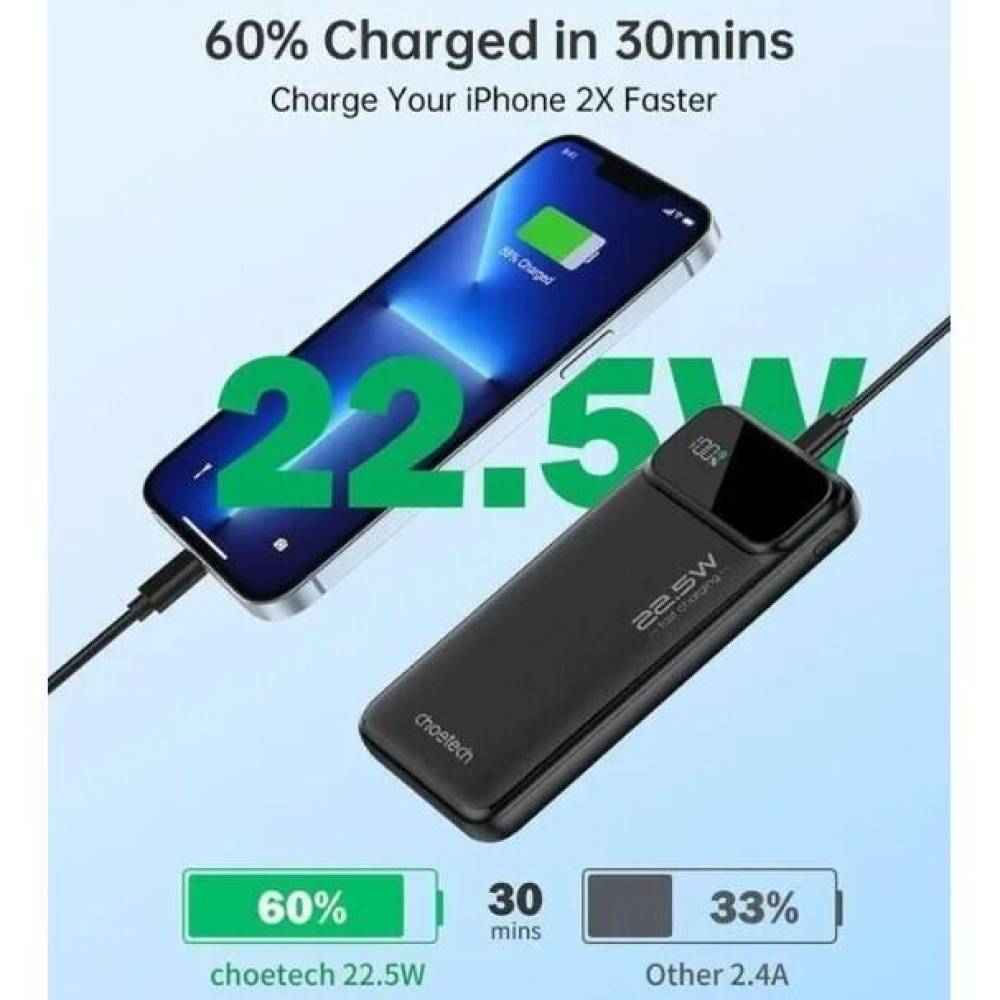 Acumulator extern powerbank Choetech B728, PD 22.5W, 10000 mAh, Afisaj incarcare cu Led,  1xUSB-C in/out, 2xUSB-A, PBANK-10000-B728BK-CHO