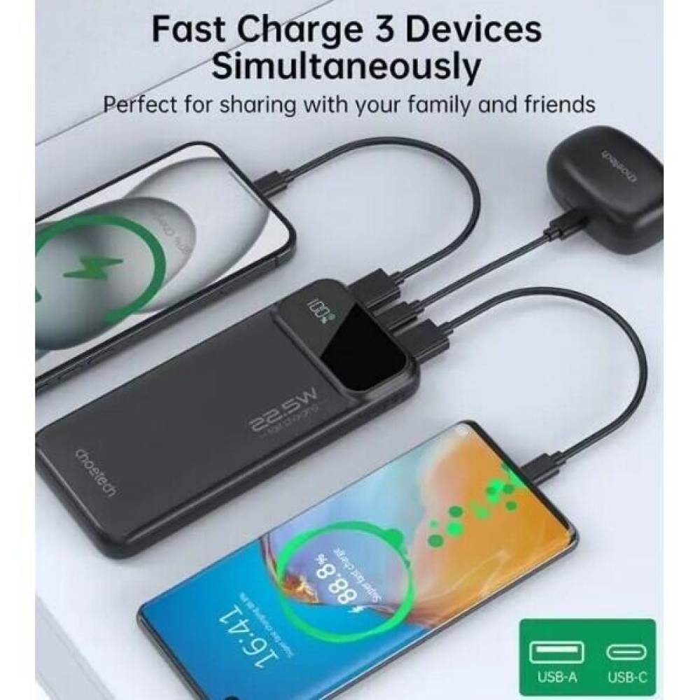 Acumulator extern powerbank Choetech B728, PD 22.5W, 10000 mAh, Afisaj incarcare cu Led,  1xUSB-C in/out, 2xUSB-A, PBANK-10000-B728BK-CHO