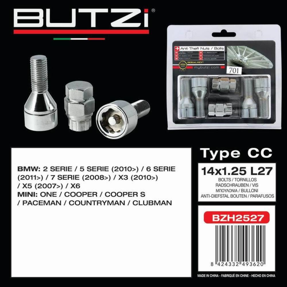 Set 4 prezoane antifurt, Security Wheel Locks, 14x1,25 x L27 conic, 2 chei BZH2527 Butzi