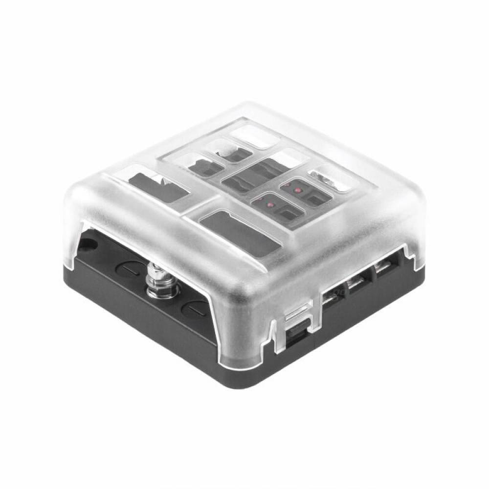 Cutie sigurante plate cu 6 circuite CC, linie conexiune negativa, indicator LED si capac protectie, 12-24V, 03038 Amio