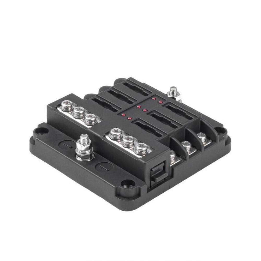 Cutie sigurante plate cu 6 circuite CC, linie conexiune negativa, indicator LED si capac protectie, 12-24V, 03038 Amio