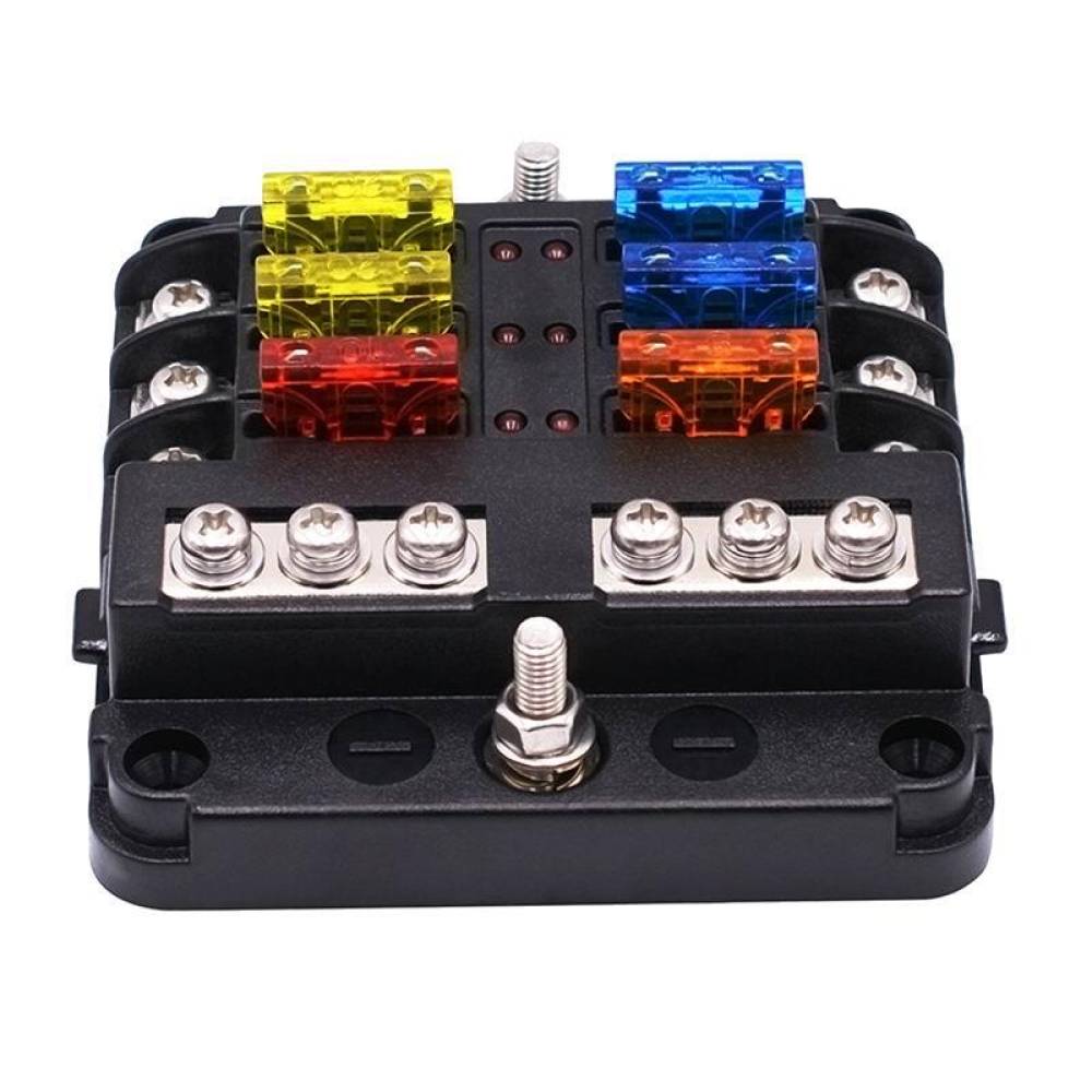 Cutie sigurante plate cu 6 circuite CC, linie conexiune negativa, indicator LED si capac protectie, 12-24V, 03038 Amio