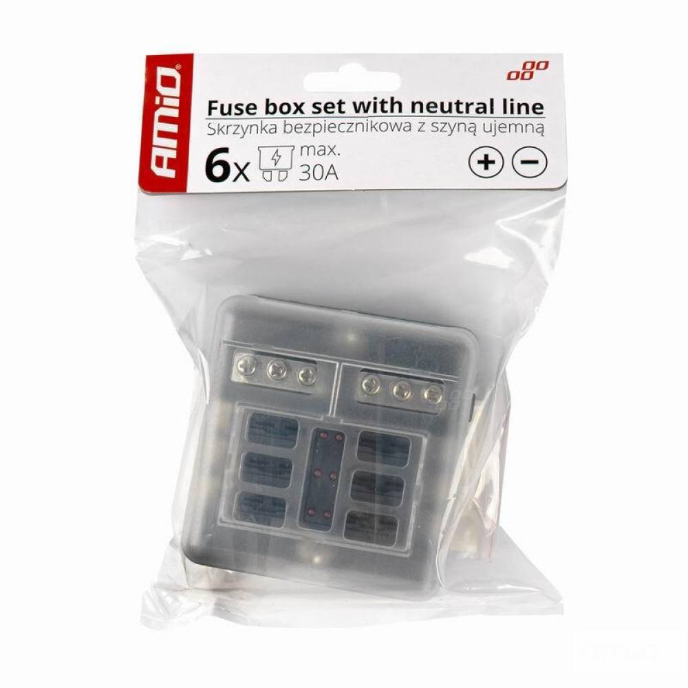 Cutie sigurante plate cu 6 circuite CC, linie conexiune negativa, indicator LED si capac protectie, 12-24V, 03038 Amio