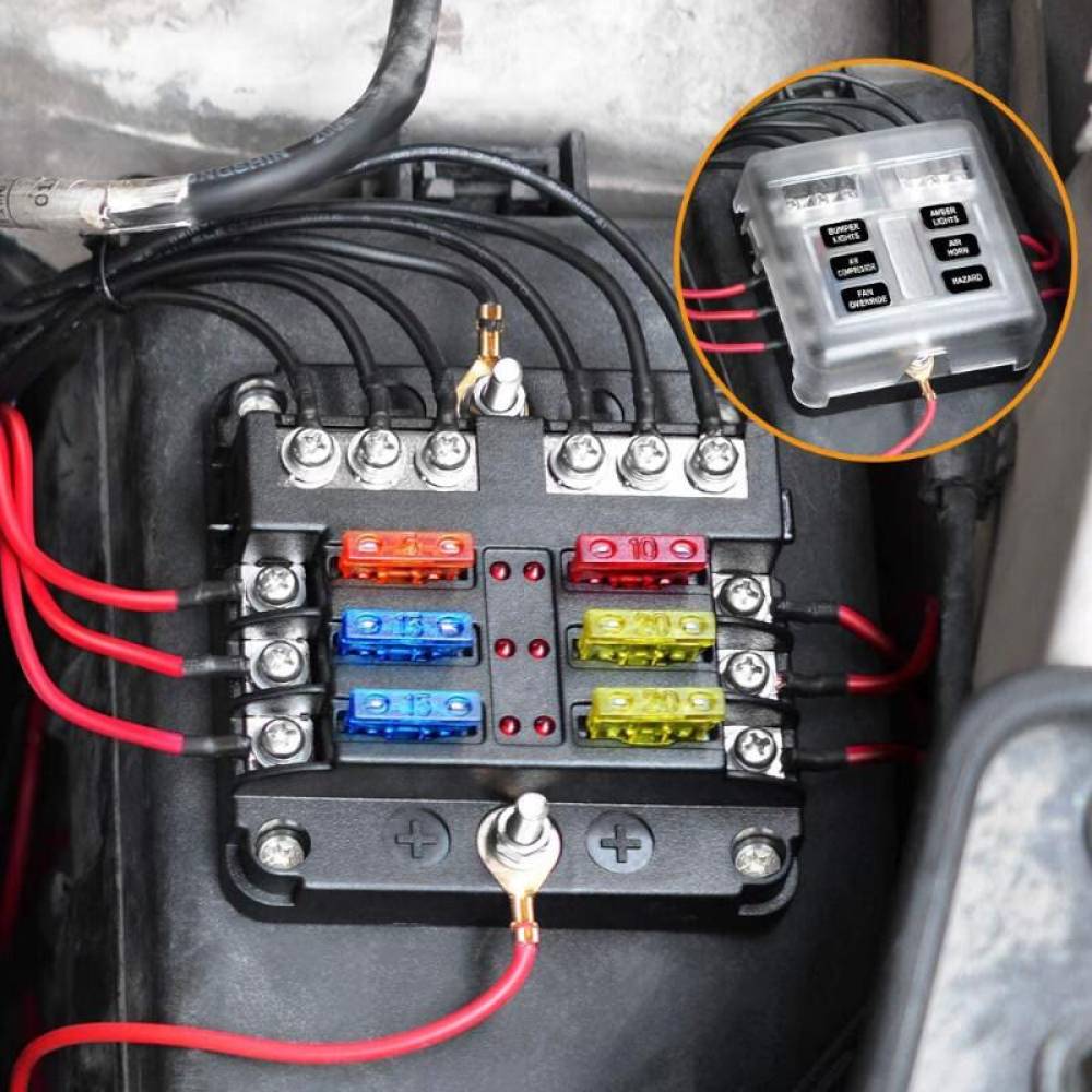 Cutie sigurante plate cu 6 circuite CC, linie conexiune negativa, indicator LED si capac protectie, 12-24V, 03038 Amio