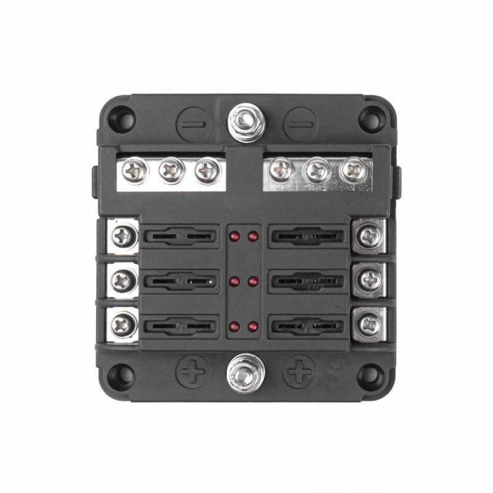 Cutie sigurante plate cu 6 circuite CC, linie conexiune negativa, indicator LED si capac protectie, 12-24V, 03038 Amio