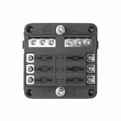 Cutie sigurante plate cu 6 circuite CC, linie conexiune negativa, indicator LED si capac protectie, 12-24V, 03038 Amio